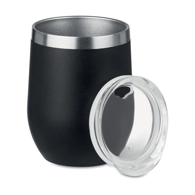 Werbeartikel doppelwandiger Trinkbecher mit Gravur – Schwarz – 350 ml Isolierbecher für Büro und Konferenzen