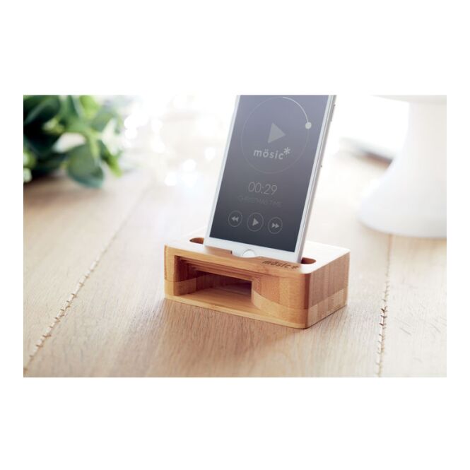 Werbeartikel Smartphone Halter mit Klangverstärker mit Gravur – Holzfarben – Sound-Booster für Büro und Business-Events
