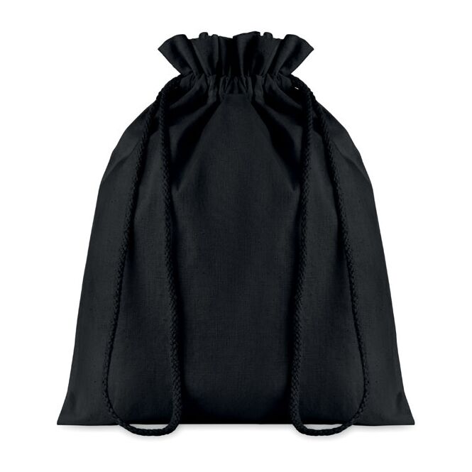Messe-Giveaway Beutel mit Logodruck 25x32cm – Schwarz – robuster Baumwoll-Rucksack für Firmen