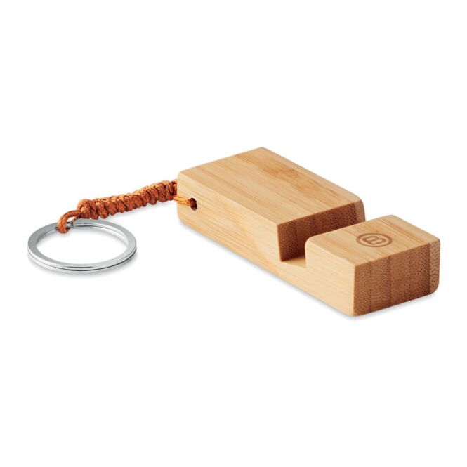 Werbeartikel Schlüsselanhänger aus Bambus mit Logogravur – Holzfarben – nachhaltiger Smartphone Halter für Messen und Büro