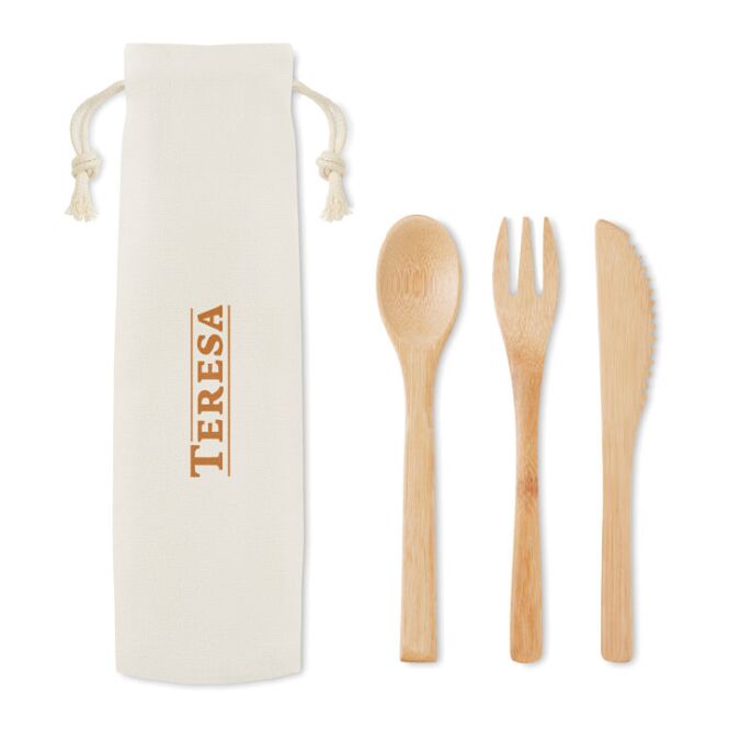 Werbeartikel Besteck-Set Bambus 3-teilig mit Gravur – Beige – Nachhaltiges Essbesteck für Mitarbeiter und Kunden