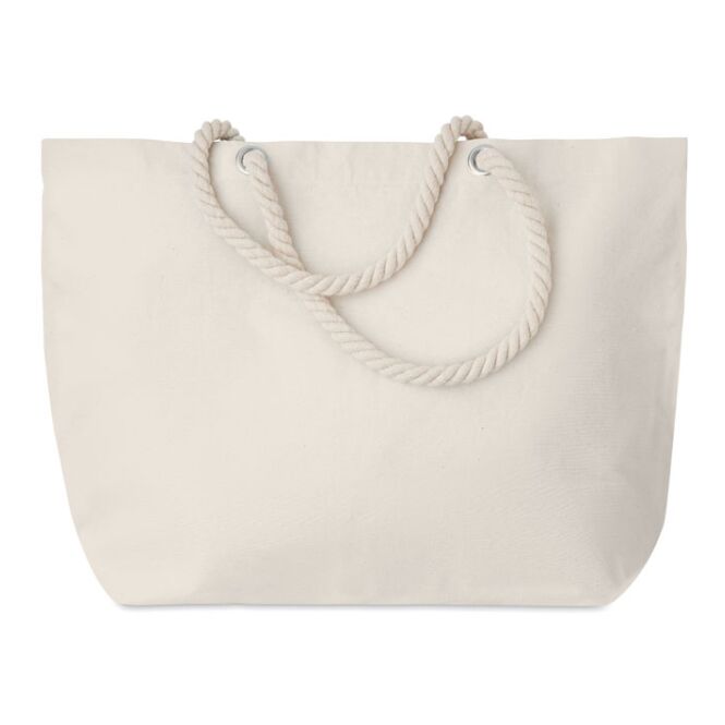 Werbeartikel Strandtasche aus Baumwolle mit Logodruck – Beige – robuster Shopper für Messen und Firmen
