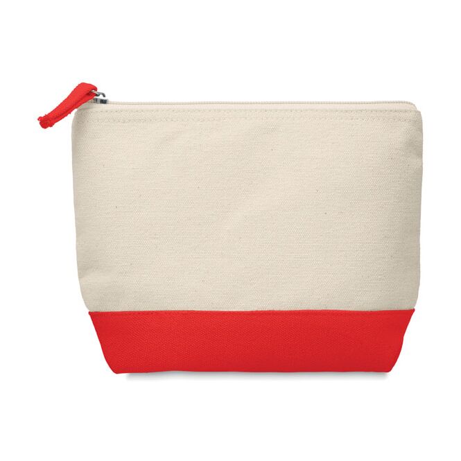 Werbeartikel Kosmetiktasche aus Baumwolle mit Logodruck – Rot – praktische Kulturtasche für Business-Reisen und Firmen-Events