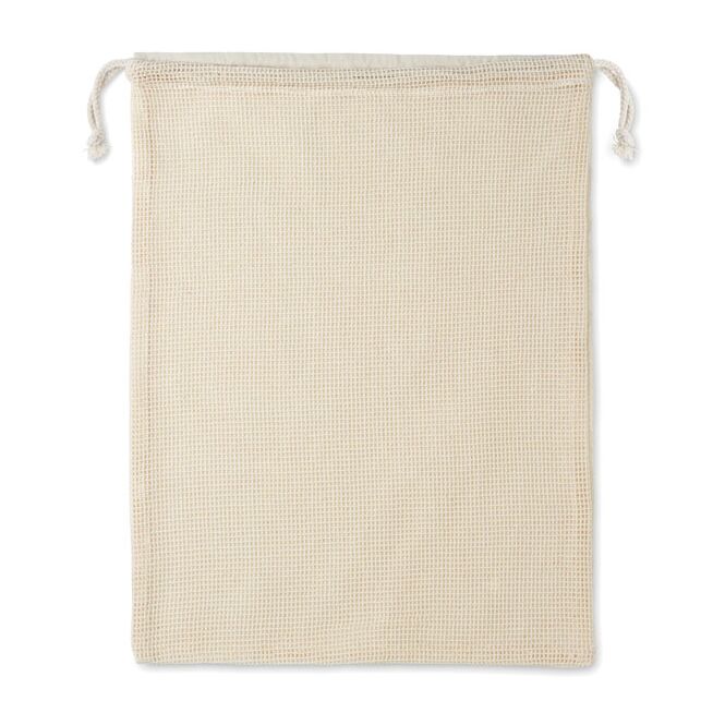 Werbeartikel Netzbeutel aus Baumwolle mit Logodruck – Beige – nachhaltige Tragetasche für Messen und den Einkauf