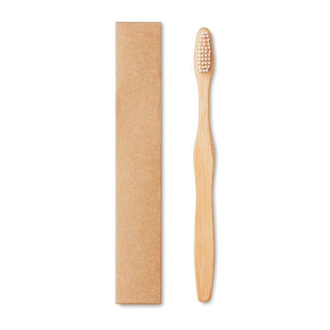 Mitarbeitergeschenk Zahnbürste Bambus – transparent – mit individuellem Werbedruck, Nylon-Borsten, Recycling-Karton, nachhaltiges Mundpflege-Set für
