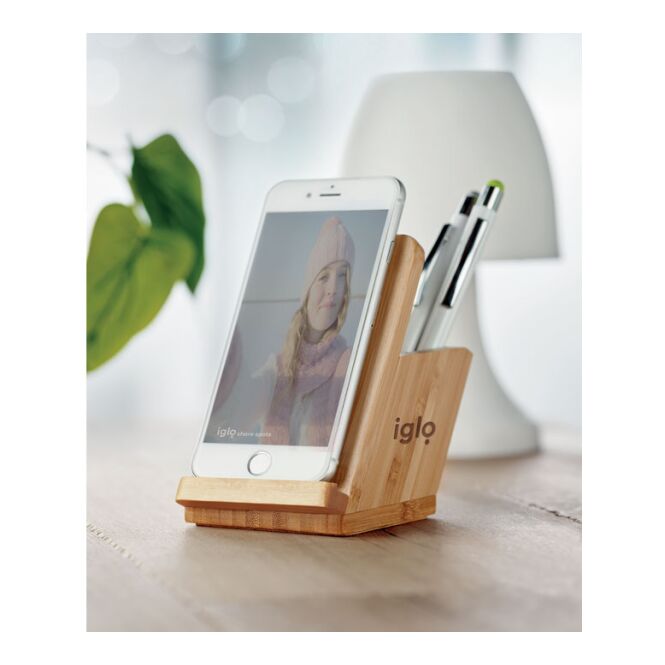 Werbeartikel induktive Ladestation mit Stiftehalter mit Gravur – Holzfarben – kabelloses Ladegerät mit Smartphone-Halter für das Büro