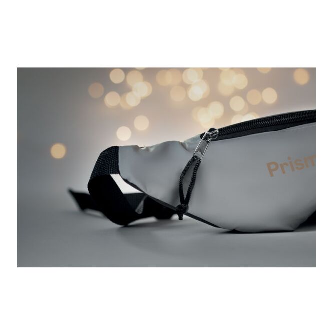 Werbeartikel reflektierende Gürteltasche aus Polyester mit Logodruck – Mattsilber – Sicherheitsaccessoire für Firmen und Messen