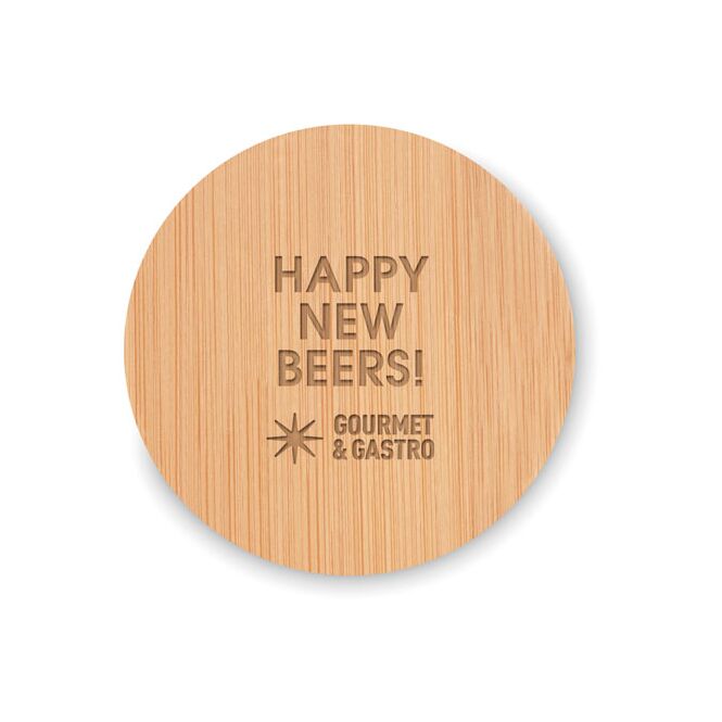 Messe-Werbemittel Untersetzer – holzfarben – mit Logo bedruckt nachhaltiger Bambus-Coaster als nützlicher Kapselheber für Kunden auf Messen