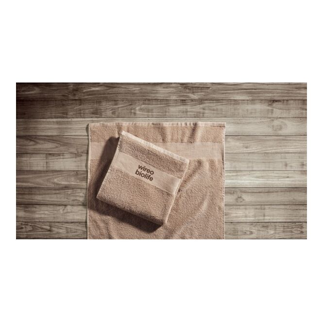 Werbeartikel Bio-Baumwoll-Handtuch mit Logodruck 100x50 cm – Elfenbein – nachhaltiges Textil für Fitness und Wellness
