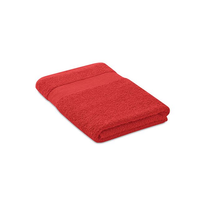 Werbeartikel Bio-Baumwoll-Handtuch mit Logo bestickt – Rot – nachhaltiges Frottee-Textil für Kunden und Messen