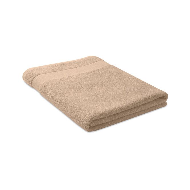 Werbeartikel Bio-Baumwolle Handtuch 180x100 cm mit Logostick – Elfenbein – nachhaltiges Wellness-Textil für Hotels und Unternehmen