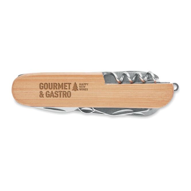 Firmengeschenk Taschenmesser mit Gravur – Holzfarben – multifunktionales Werkzeug aus Edelstahl für Business und Handwerk