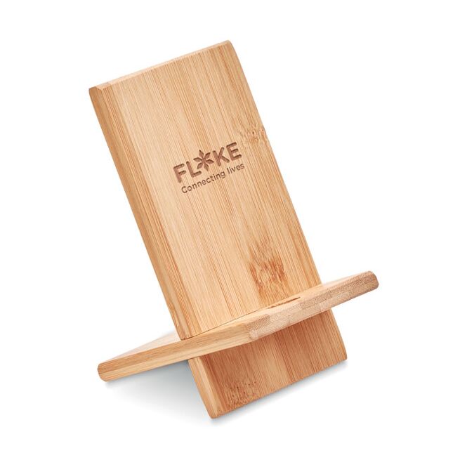 Werbeartikel Smartphone Halter Whippy aus Bambus mit Gravur – Holzfarben – praktisches Handyzubehör für das Büro