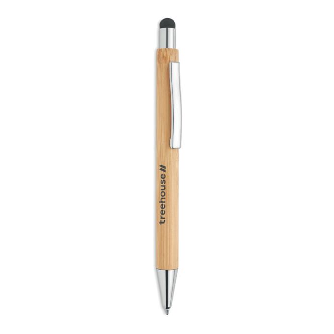 Werbeartikel Druckkugelschreiber mit Stylus aus Bambus mit Gravur – Holzfarben – nachhaltiges Schreibgerät für Messen und Büro