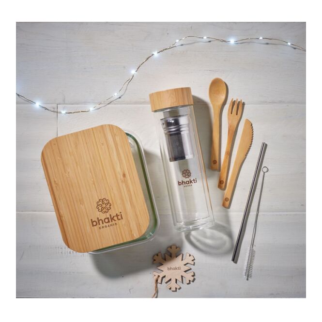 Firmengeschenk Lunchbox aus Glas mit Bambusdeckel mit Gravur – Transparent – nachhaltiges Behältnis für Büro und Kantine