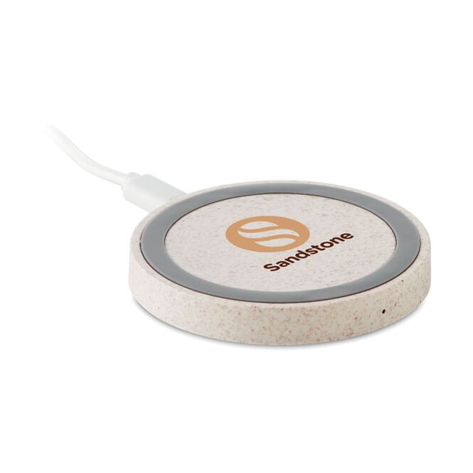 Firmengeschenk induktive Ladestation aus Weizenstroh mit Logodruck – Beige – Wireless Charger für Büro und Business