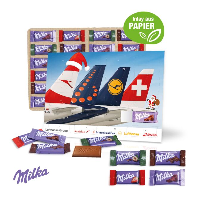 Kundenpräsent Milka Tisch-Adventskalender mit individuellem Druck – Bunt – Schokoladenkalender für Firmenevents und Weihnachtspost
