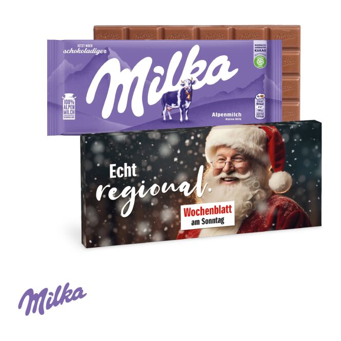 Firmengeschenk Milka Schokolade mit Logodruck – Bunt – klimaneutrales Süßwaren-Präsent für Kunden und Mitarbeiter