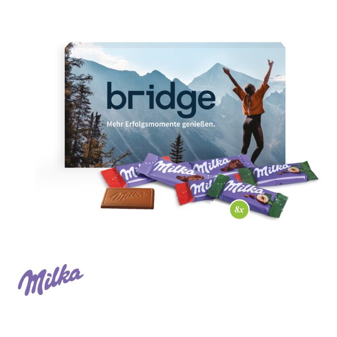 Firmengeschenk Milka Schokotäfelchen in Präsentbox mit Logodruck – Bunt – klimaneutrale Schokolade als süßes Werbemittel für Firmen