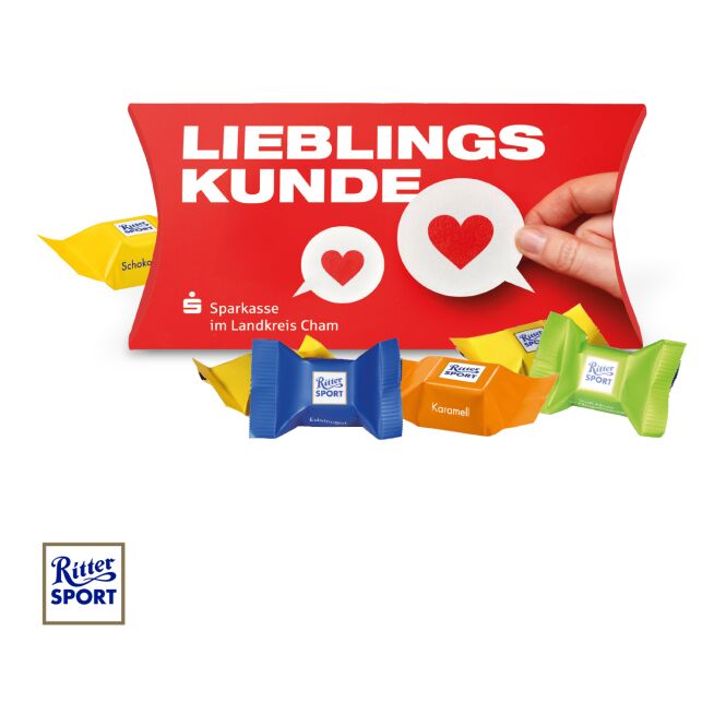 Firmengeschenk Kissenverpackung Creative mit Ritter SPORT Schokowürfel – Bunt – nachhaltiges Präsent mit Logodruck für Kunden