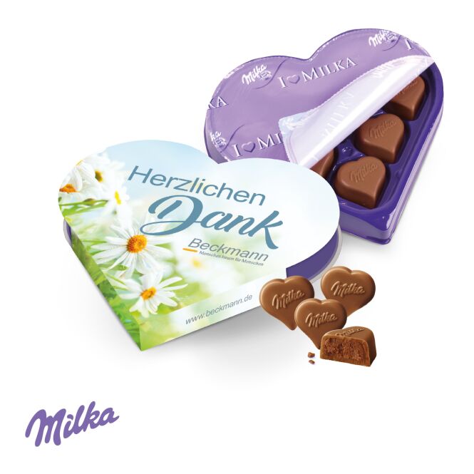 Firmengeschenk I love Milka Herz mit individuellem Druck – Bunt – Alpenmilchschokolade für Mitarbeiter und Kunden