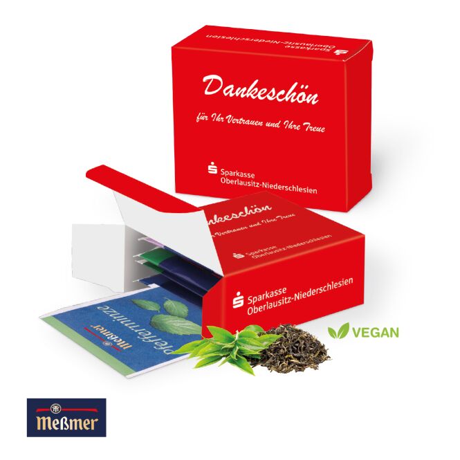 Firmengeschenk Tee in der Werbebox mit Logodruck – Bunt – klimaneutraler Genuss für Messen und Büro