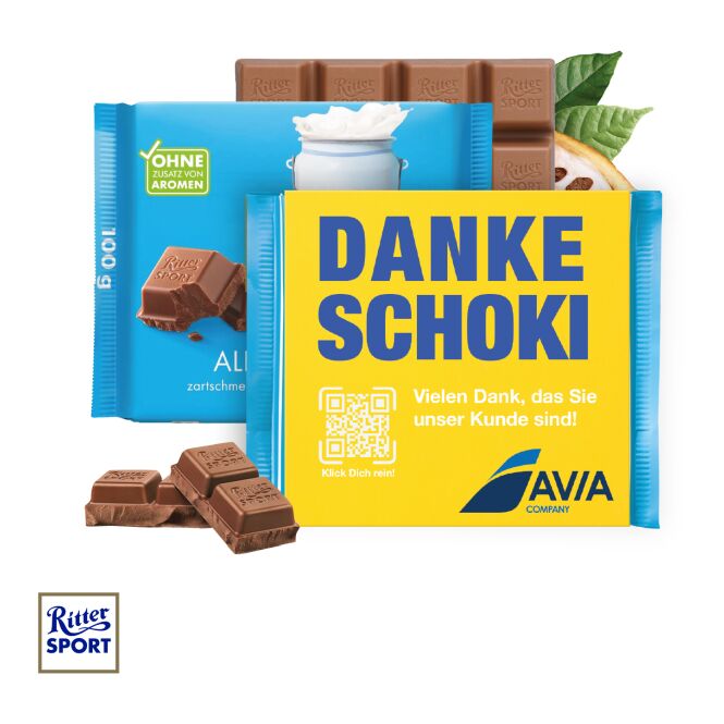 Firmengeschenk Ritter Sport 100g mit Logodruck – Bunt – Süßwaren für Messen und Büro