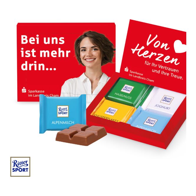 Firmengeschenk Ritter SPORT Mini 4er mit Logodruck – Bunt – klimaneutrale Schokolade für Kunden und Mitarbeiter