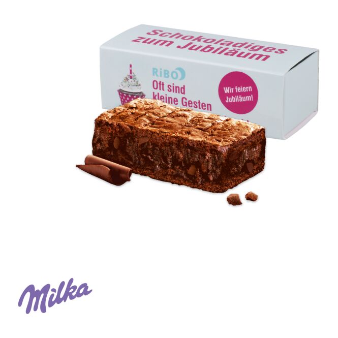 Firmengeschenk Milka Choco Brownie – schokoladig – mit individuellem Etikett 1 Stück als Werbegeschenk für Kunden und Mitarbeiter
