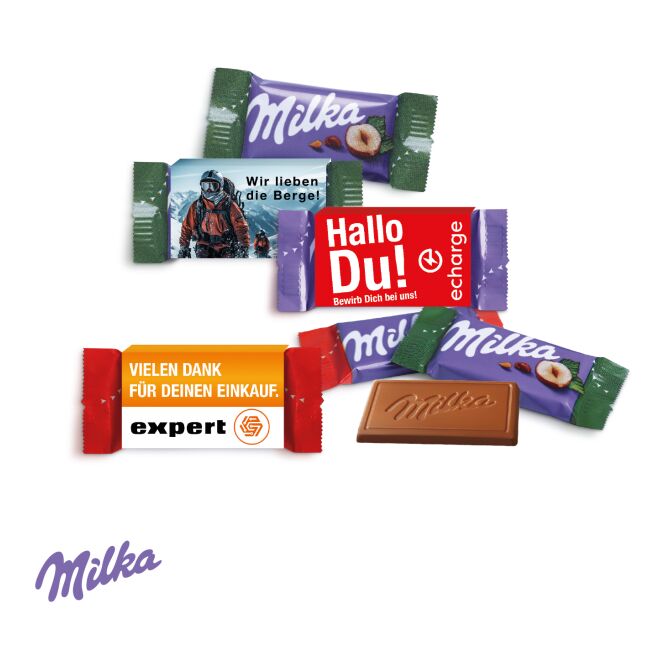 Firmengeschenk Milka Schokotäfelchen mit Logodruck – Bunt – süße Werbeartikel für Kunden und Mitarbeiter
