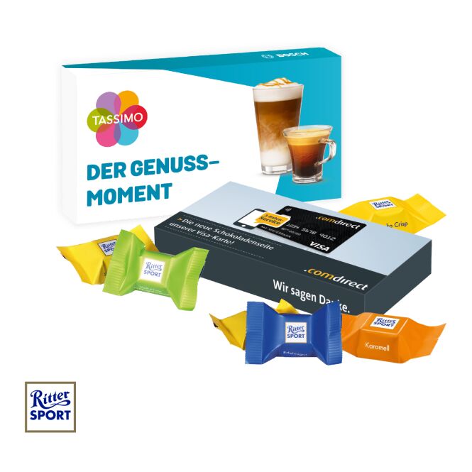 Firmengeschenk Ritter SPORT Schokowürfel mit Logodruck – Bunt – nachhaltiges Naschwerk für Büro und Messen