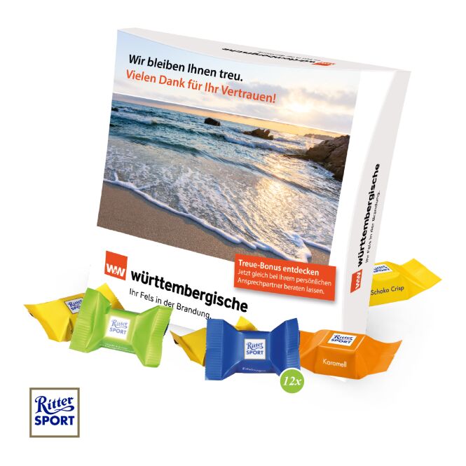 Firmengeschenk Präsentbox mit Ritter Sport Schokowürfel mit Logodruck – Bunt – süße Werbebotschaft für Kunden und Mitarbeiter