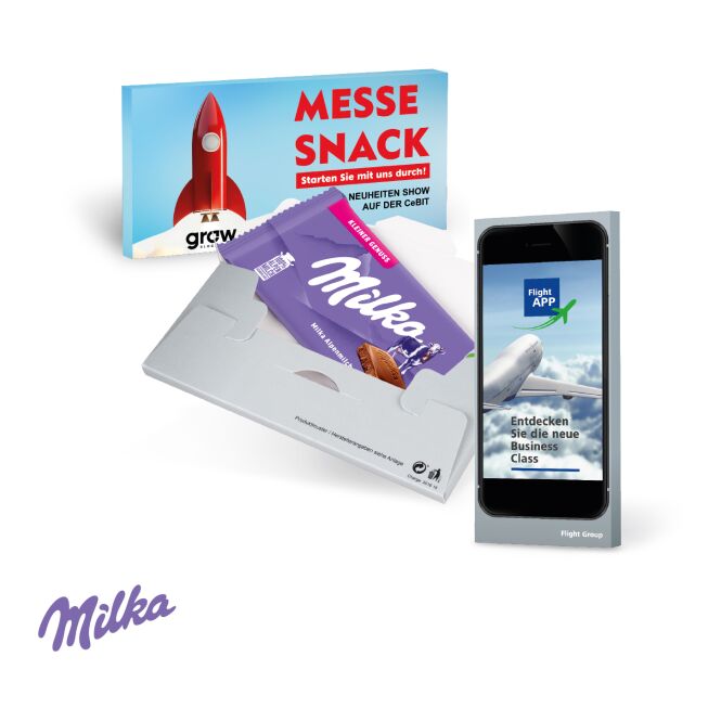 Firmenpräsent Milka Schokoladentafel 45g mit individuellem Werbedruck – Bunt – süßer Werbeartikel für Kunden und Mailing