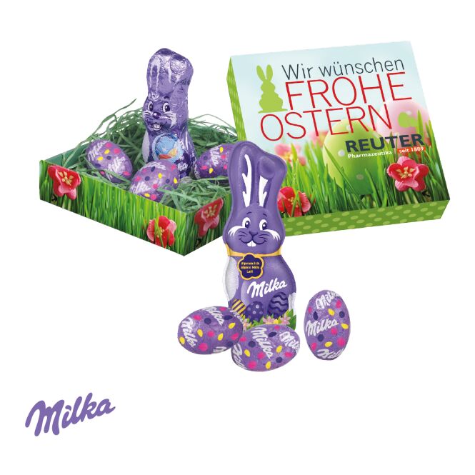 Firmengeschenk Osternest mit Milka Schokolade mit Logodruck – Bunt – süßes Osterpräsent für Mitarbeiter und Kunden