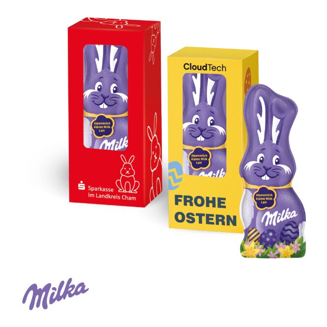 Firmengeschenk Milka Schmunzelhase – ostern – mit bedrucktem Etikett 15 g als süßes Oster-Werbegeschenk für Kunden und Partner