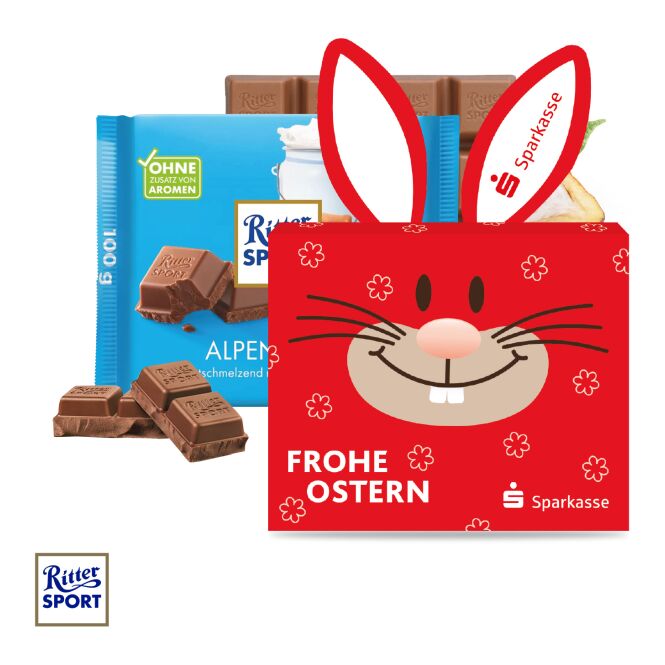 Kundenpräsent Ritter Sport Osterhase mit Logo bedruckt – Bunt – Nachhaltige Schokolade als Osterwerbung für Unternehmen