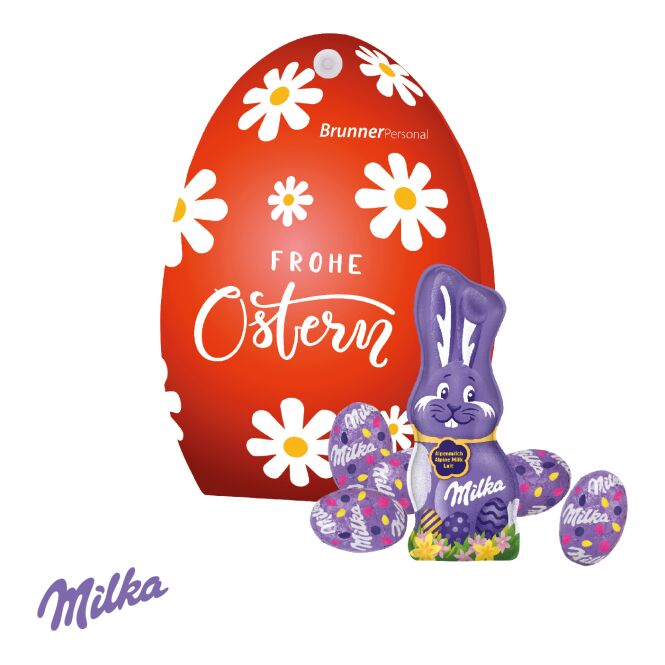 Firmengeschenk Werbe-Osterei mit Milka Schokolade mit Logodruck – Bunt – Süßwaren für Kunden und Mitarbeiter