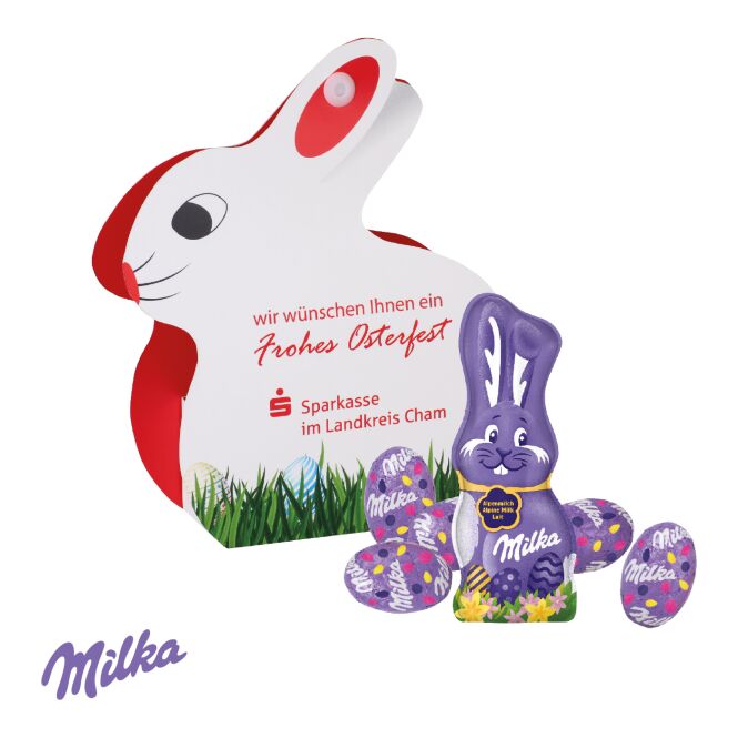 Kundenpräsent Milka Werbe-Hase mit Logodruck – Bunt – süßes Firmengeschenk für den Schreibtisch