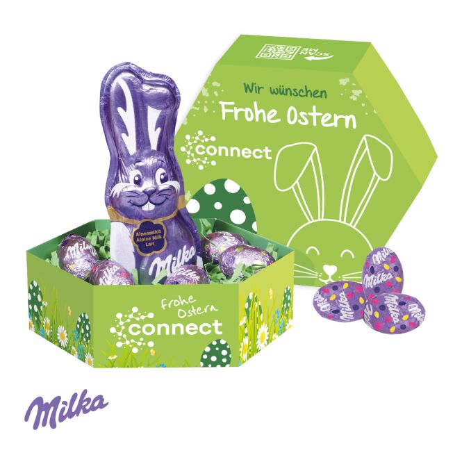 Kundenpräsent Osternest mit Milka Schokolade mit Logodruck – Bunt – süßes Osterpräsent für Mitarbeiter und Geschäftspartner