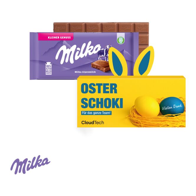Mitarbeiter-Weihnachtsgeschenk Milka Schokoladentafel mit Hasenohren mit Logodruck – Bunt – süßes Präsent für Kunden und Partner