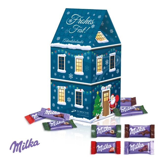 Mitarbeiter-Weihnachtsgeschenk Adventskalender Haus XL mit Milka Schokolade mit Logodruck – Bunt – Süßes Werbemittel für Firmen & Kunden