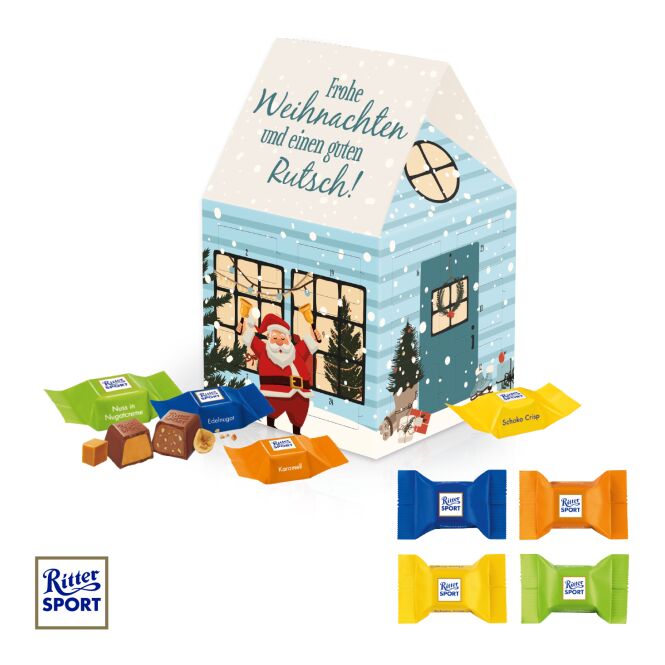 Kundenpräsent Adventskalender Haus mit Ritter Sport Schokowürfel mit Logodruck – Bunt – Schokoladenkalender für Firmen und Büros