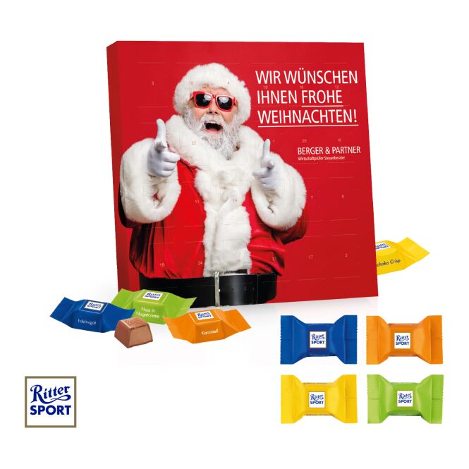 Kundenpräsent Tisch-Adventskalender mit Ritter Sport Schokowürfel mit Logodruck – Bunt – Nachhaltiges Werbemittel für die Vorweihnachtszeit