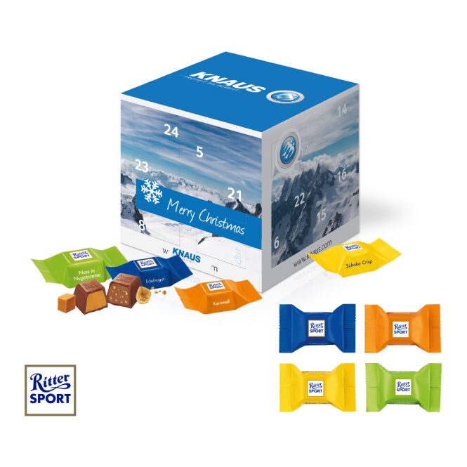 Mitarbeiter-Weihnachtsgeschenk Adventskalender Cube mit Ritter Sport Schokowürfel mit Logodruck – Bunt – süßes Kundenpräsent für Firmen