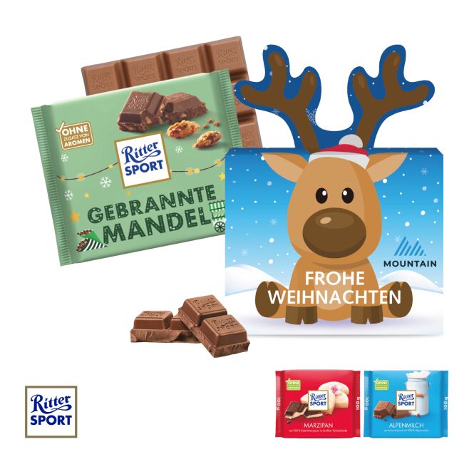 Mitarbeiter-Weihnachtsgeschenk Ritter Sport Rentier mit Logodruck – Bunt – Weihnachts-Schokolade für Firmenevents und Kunden