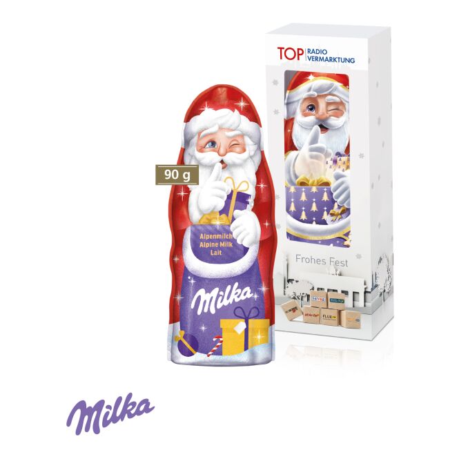 Kundenpräsent Milka Weihnachtsmann 90 g mit Logodruck – Bunt – Schokoladenartikel für Firmen und Weihnachtsevents