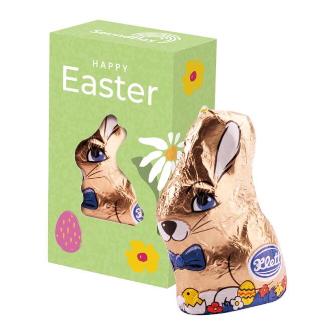 Oster-Werbeartikel Klett Schoko-Osterhase Mini – weiß – mit individuell bedrucktem Etikett als süßes Oster-Werbegeschenk für Kunden