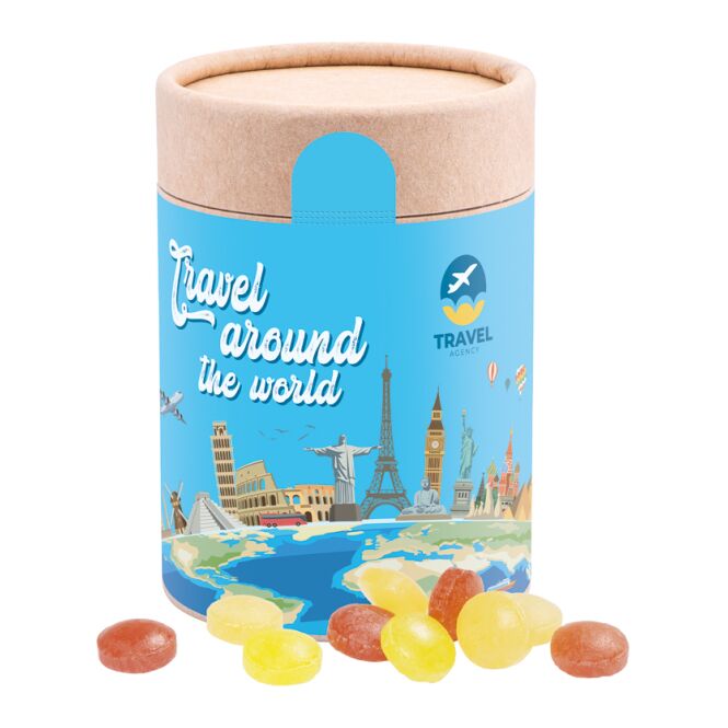 Streuartikel Papierdose Eco Maxi – honigbienen-bonbons – mit individuellem Etikett 200 g für Messen und Events für Geschäftspartner und Kunden