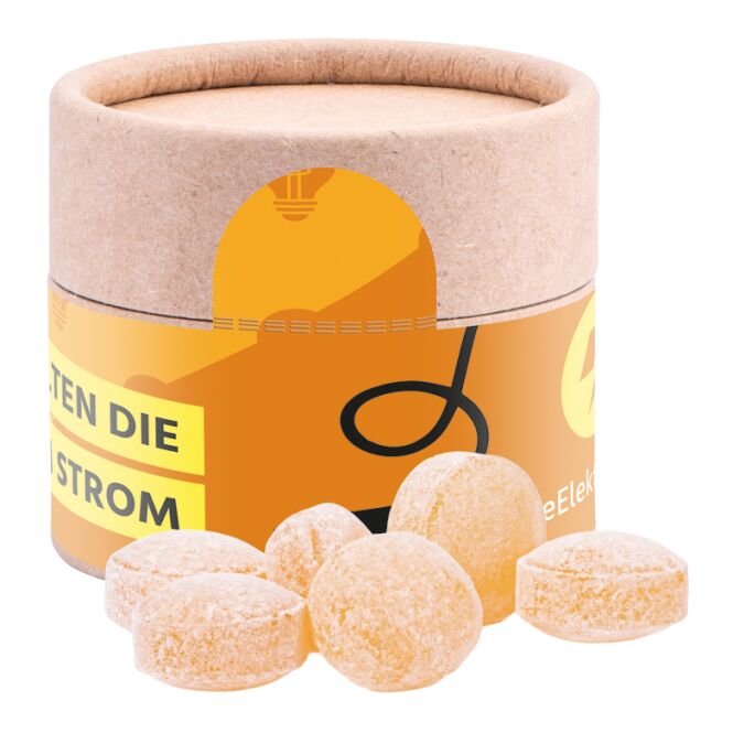 Streuartikel Papierdose Eco Mini – bonbons – mit individuellem Etikett für Messen und Events an potenzielle Kunden als Werbemittel