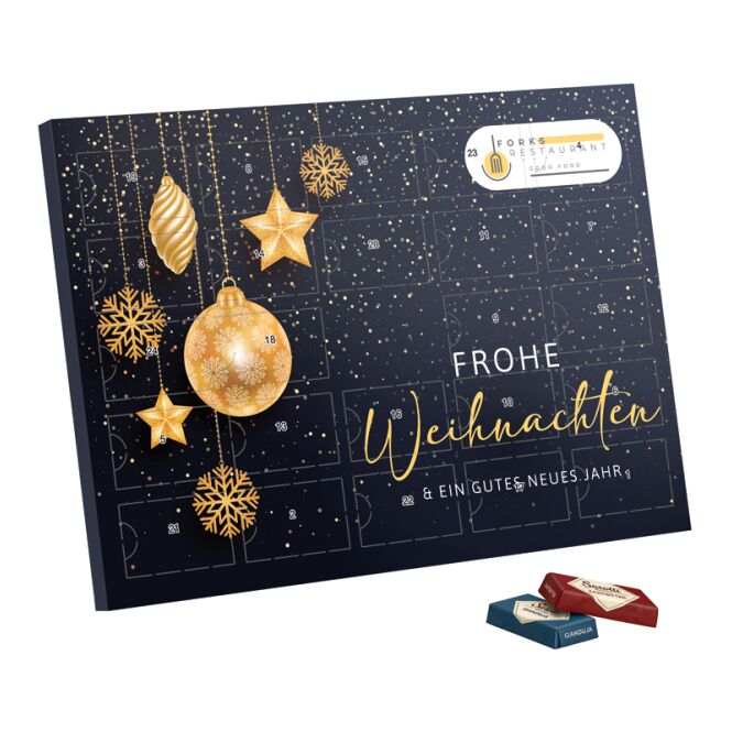 Firmengeschenk Premium Tisch Adventskalender – weihnachtlich – mit bedrucktem Etikett als Weihnachtsgeschenk für Kunden und Partner